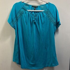 LAUREN Ralph Lauren Teal Women’s Short sleeve. Tie collar with Embroidery detail